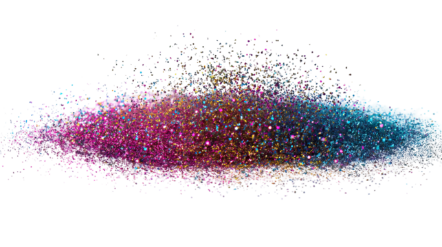 Explosive Multicolor Glitter Flying Equally on Transparent Background

