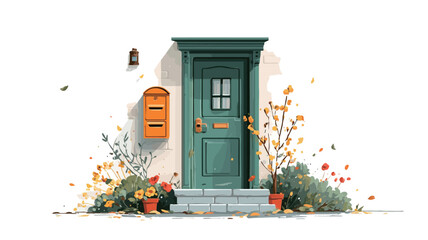 A digital illustration depicting a charming green front door with an orange mailbox on a white wall.  The door is framed by a simple architectural surround.  The scene includes potted plants 