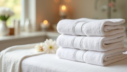 Stack of fresh white towels neatly arranged on a table in a tranquil spa setting. Soft candlelight adds warmth and relaxation. Wellness, hospitality, and beauty industries promoting serenity and care.