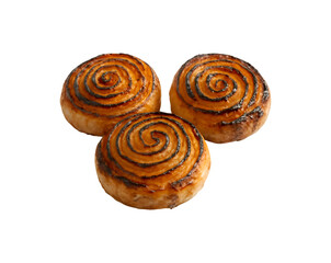 Fototapeta premium Three sweet spiral pastries isolated on transparent background