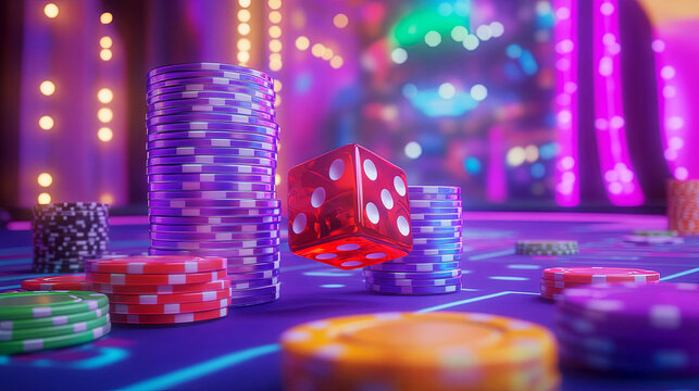 Colorful casino scene featuring vibrant stacks of poker chips and a red die on a felt table, illuminated by bright lights creating an exciting gambling atmosphere