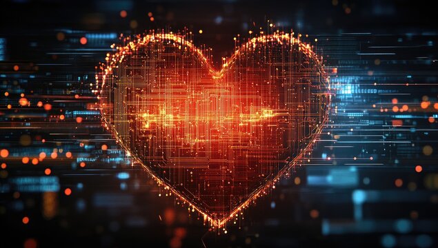 Digital heart graphic, glowing red lines, abstract background