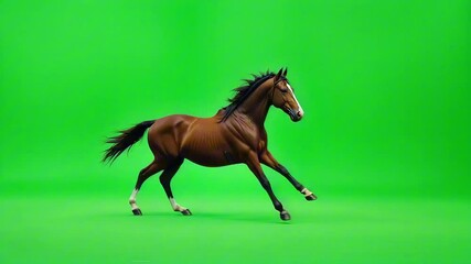 Brown horse running on green screen background