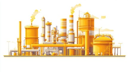 Obraz premium Stylized industrial plant illustration emitting smoke, with tanks, pipes, and towers