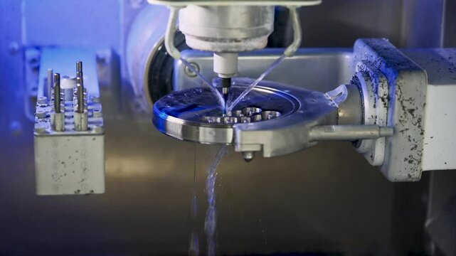 Milling machine for making veneers and crowns. Dental CNC machine processes titanium by rotating, polishing and rinsing with streams of water. Close-up.