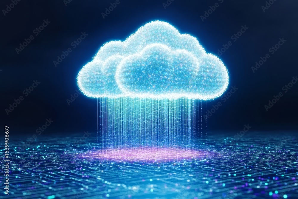 Poster futuristic cloud storage technology with digital data flowing through abstract rain patterns