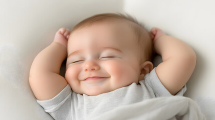Closeup of sleeping baby with subtle smile, peaceful and content, lying on soft surface with arms raised, showing innocence and comfort in calm moment