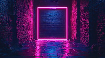 Neon pink rectangle illuminates a brick alleyway.