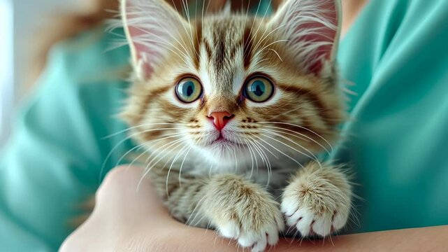 Smiling veterinarian examining a kitten in a veterinary clinic, professionalism care and showing
