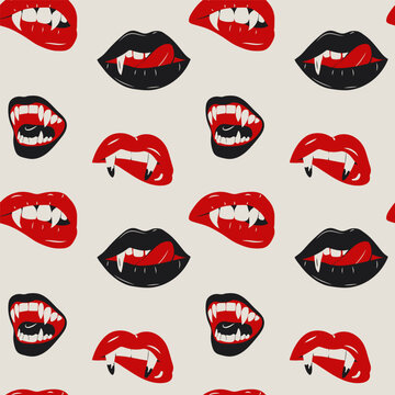 Seamless pattern with Glamorous set of vampire lips featuring blood red color and sharp fangs, offering a bold and dramatic look	