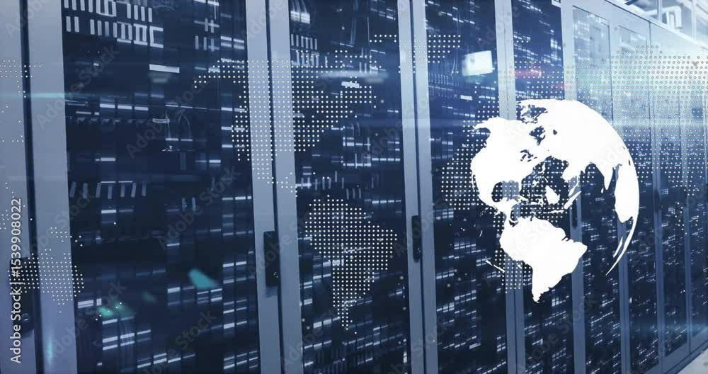 Poster globe appearing and rotating while flares sweeping across server racks showing global data flow