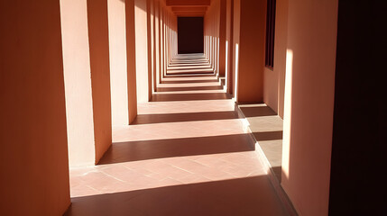 Obraz premium Long corridor with peach colored walls and floor, illuminated by sunlight creating strong shadows and geometric patterns, evoking calm and contemplative atmosphere