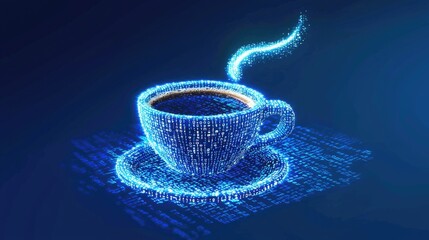 Digital coffee cup design on a dark blue background.