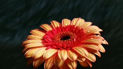Closeup of a vibrant gerbera daisy with yellow and red petals glistening with water droplets against dark background. - Powered by Adobe