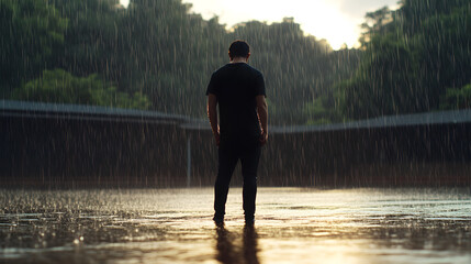 Figure standing alone in rain on wet surface with background of trees and moody atmosphere, expressing compressed emotion in natural outdoor setting