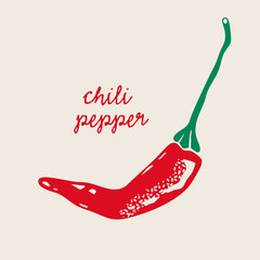 Red hot chili Pepper. Whole thin pepper. Side view. Tiny hot spice. Hand drawn modern Vector illustration. Farm market, natural eco product concept. Isolated design element. Print, sticker template