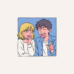 Portrait of lovely young couple smiling together. Anime, manga, kawaii asian style. Hand drawn Vector illustration. Love, relationship, Valentine's Day, emotions, dating concept