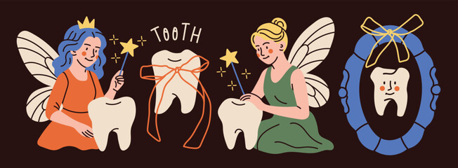Tooth fairy with wings, magic wand. Teeth with ribbon, frame. Сute magic character. Hand drawn Vector illustration. Isolated design elements. Medical cabinet, children dentist, tooth lost concept