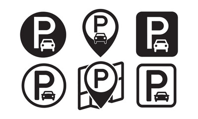 Parking Location Icons Set - Map Pin & Car Symbols, vector illustration