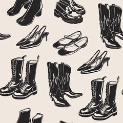 Different shoes. Heeled summer shoes, ankle, high cowboy boots, loafer. Casual leather footwear for women, men. Hand drawn modern Vector illustration. Trendy monochrome style. Square seamless Pattern