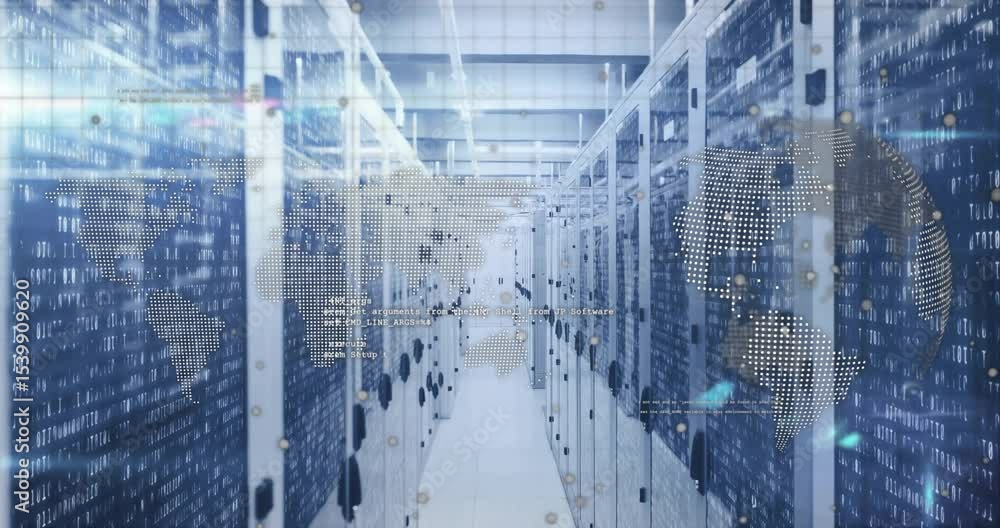 Poster on system startup digital overlays emerging on server racks illustrating global network activity