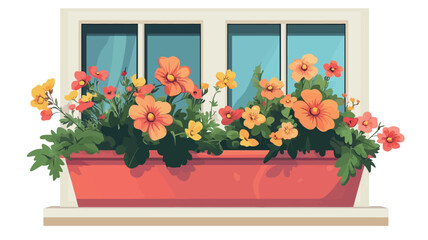 A digital illustration depicts a rectangular, coral-colored window box overflowing with various types of flowers.  The flowers are primarily shades of orange, yellow, and red, with green foliage.