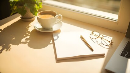 Cozy Morning Workspace with Coffee, Notebook, and Laptop
