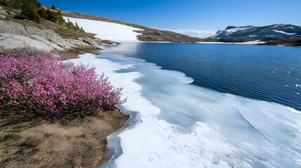 Frozen lake with blooming pink flowers on shore under clear blue sky in mountainous landscape, creating serene and refreshing spring scene