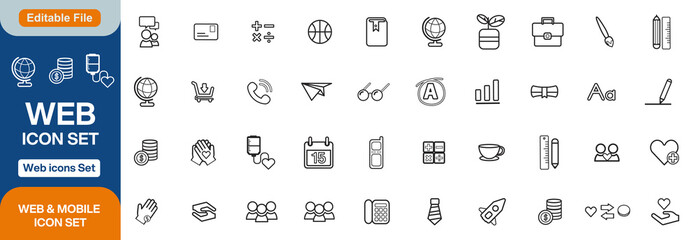 Set of 50+ Media and Web icons in line style. Data analytics, Digital marketing, Management, Message, Phone. Vector illustration.