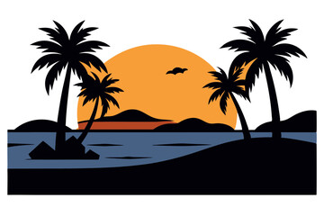 Exotic Beach Sunset Illustration with Palm Trees and Sea View