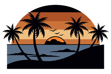 Serene Tropical Landscape with Sunset and Palm Tree Silhouettes