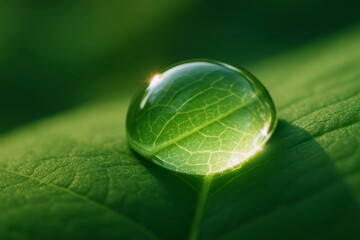 A single water droplet on a green leaf in macro close up photography