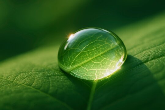 A single water droplet on a green leaf in macro close up photography - Powered by Adobe