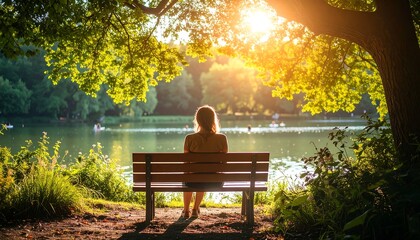 Woman relaxing by lake sunset.