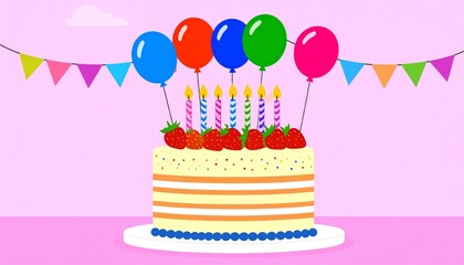 Colorful Strawberry Cake with Balloons and Candles, Birthday, Party