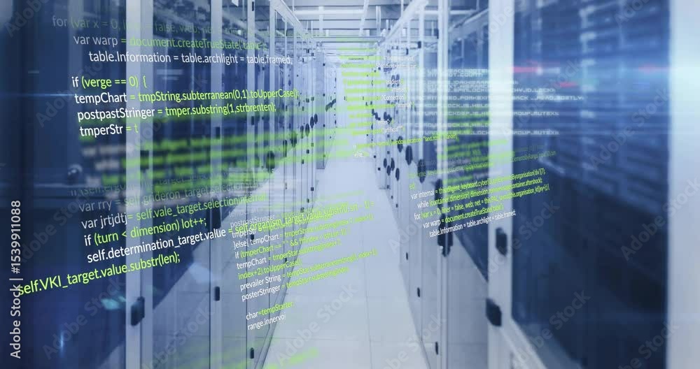 Poster on activation code lines scrolling across server corridor intensifying to show active computing