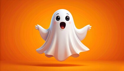 Cute 3D Ghost on Orange Background, Halloween, Boo!, Ghost Illustration, 3D Rendering