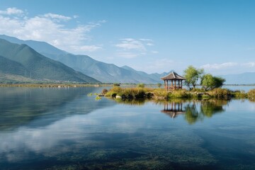 Fototapeta premium Serene lakeside gazebo nestled on a small island, mirrored in calm waters, with distant mountains under a clear sky