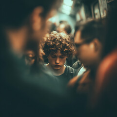 Young man feeling sad and lonely in a crowded subway