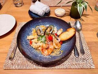 Spaghetti seafood. Thai style spicy spaghetti seafood. Famous Thai Italian fusion food