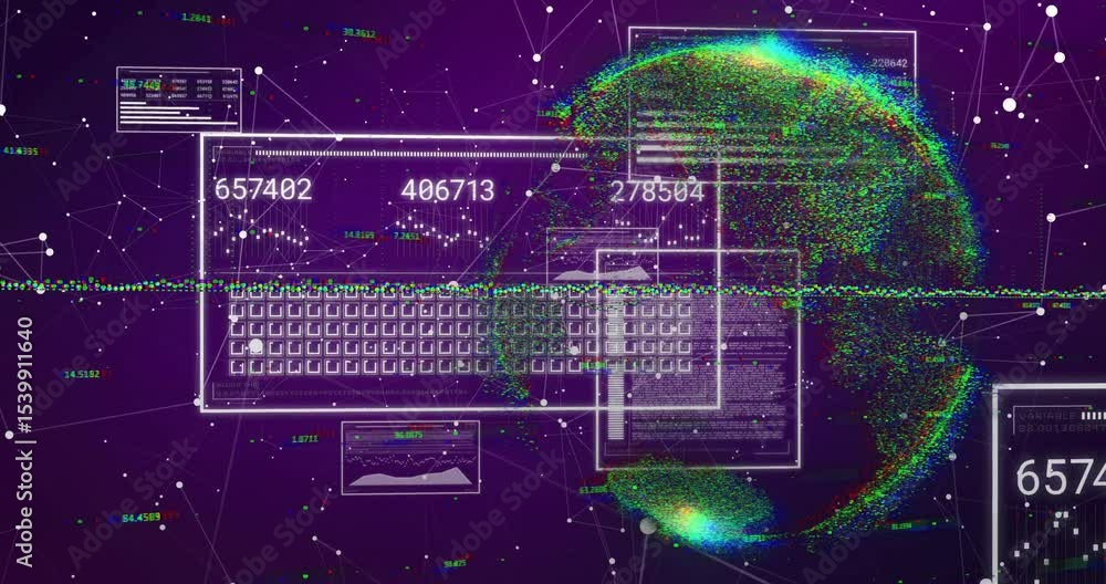 Poster purple network forming driving keyboard appearing numbers updating and sphere rotating showing data