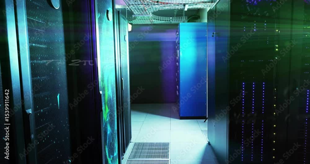 Aufkleber glowing leds pulsing and formulas drifting across server cabinets, showing data flow in corridor