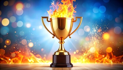 Fiery Golden Trophy Award Bokeh Background, Achievement, Victory, Gold Cup Award Ceremony, Success