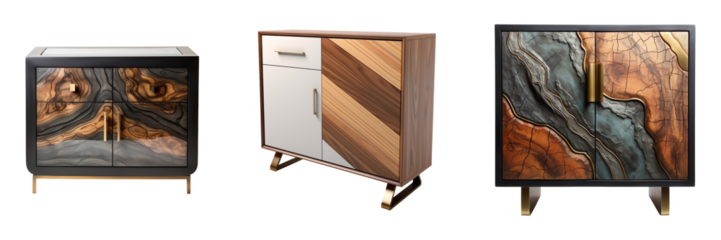 Collection of modern accent cabinets, isolated on a transparent background