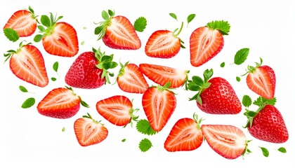 Floating Strawberry Halves and Leaves, Red Fruit, Food Photography, Strawberry, Food