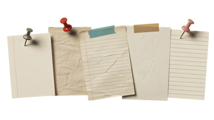 Assorted crumpled papers with pushpins and tape arranged against a white background for design.