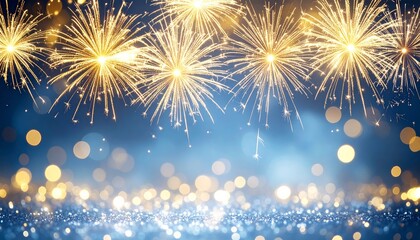 Golden Fireworks Sparkle on Blue Glitter, Celebration Background, Party Fireworks,Celebration