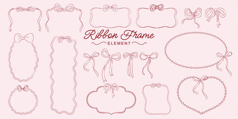Vintage bows frames for greeting cards, wedding and birthday party, picnic invitations in cute elegant coquette style. Hand drawn ribbons border illustration for social media decoration template.