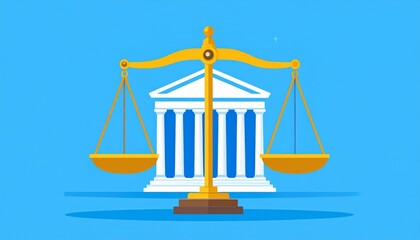 Golden Scales of Justice Courthouse Illustration, Legal Concept, Law, Balance Law, Justice