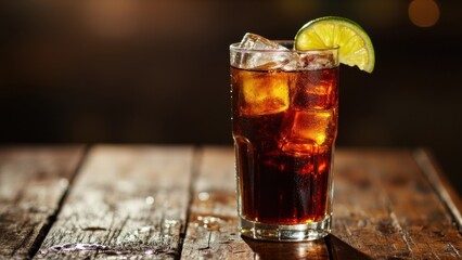 
a tall glass of cuba libre with ice and a lime wedge on a rustic wooden table against a dark, blurred background. concept for a refreshing summer drink